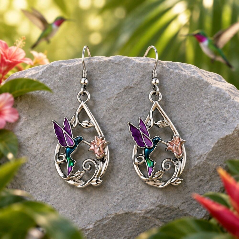 Hummingbird Bird Flower Water Drop Earrings